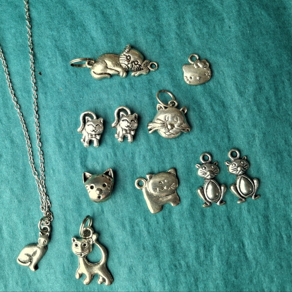 Silver Cat Charm Necklace and Charms